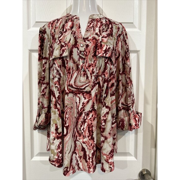 Ava & Grace Pink Marbled Stretch Knit Blouse Pintuck Pleat Tunic Plus Size 1X - Picture 1 of 9